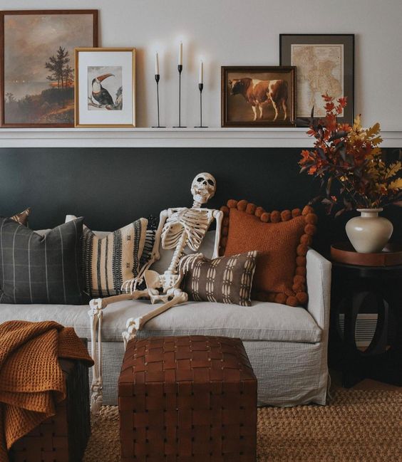 Family room decorated for Halloween