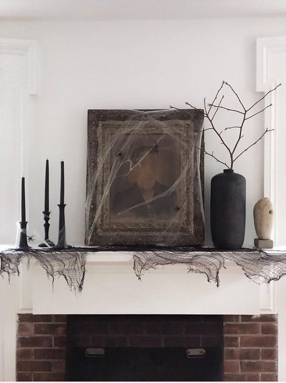 Fireplace mantel decorated for halloween